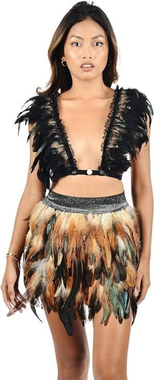 5364 Sexy 2 Piece feather Skirt Sets See-Through Hollow Out feather Top